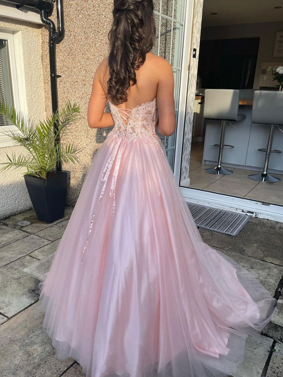 Long A-line Sweetheart Tulle Lace Prom Dress Pink Lace Formal Evening Gowns-BIZTUNNEL