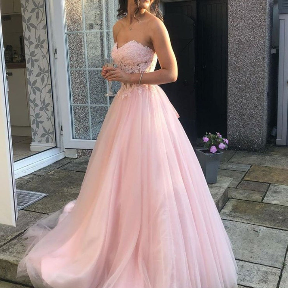 Long A-line Sweetheart Tulle Lace Prom Dress Pink Lace Formal Evening BIZTUNNEL Long A-line Sweetheart Tulle Lace Prom Dress Pink Lace Formal Evening BIZTUNNEL