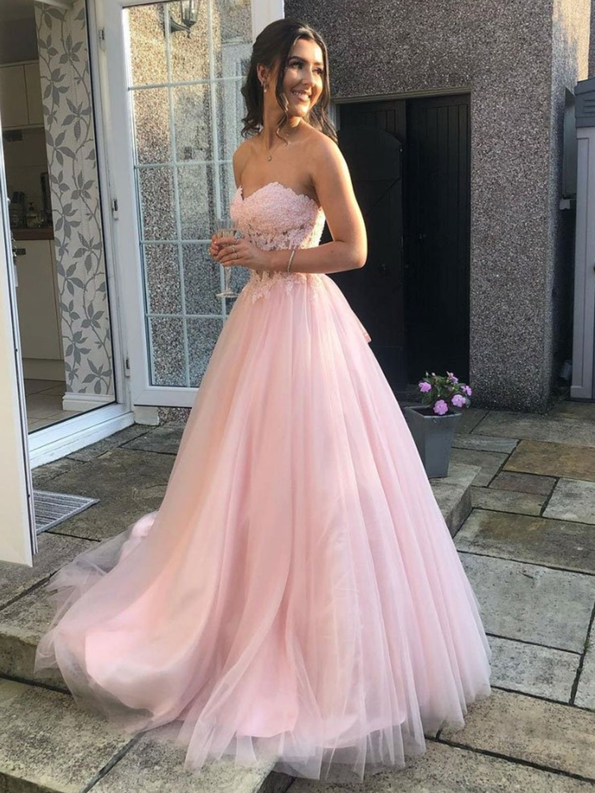 Long A-line Sweetheart Tulle Lace Prom Dress Pink Lace Formal Evening Gowns-BIZTUNNEL