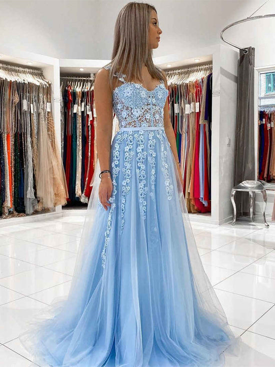 Long A-line Sweetheart Tulle Lace Prom Dress Sky Blue Formal Graduation Evening Dresses with 3D Flowers-BIZTUNNEL