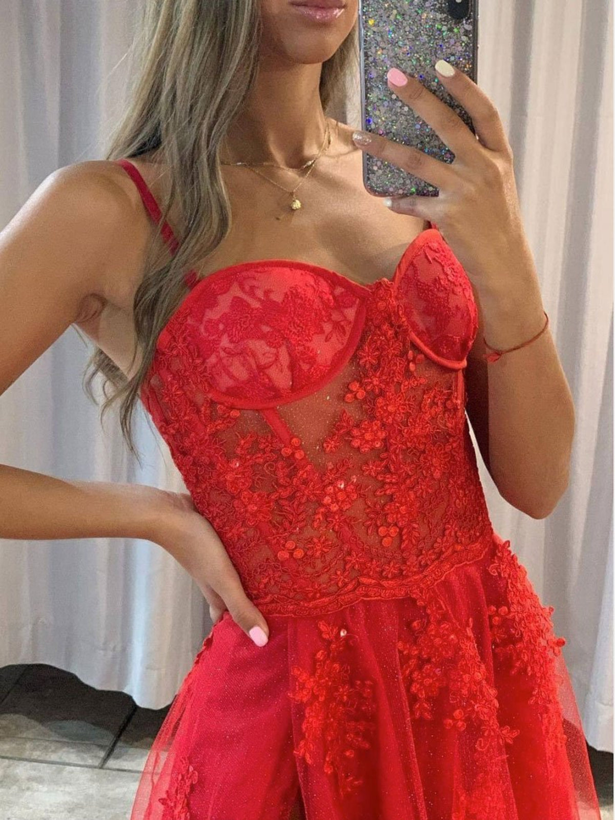 Charger l&amp;#39;image dans la galerie, Long A Line Sweetheart Tulle Lace Prom Dress with Slit Red Formal Evening Gowns-BIZTUNNEL
