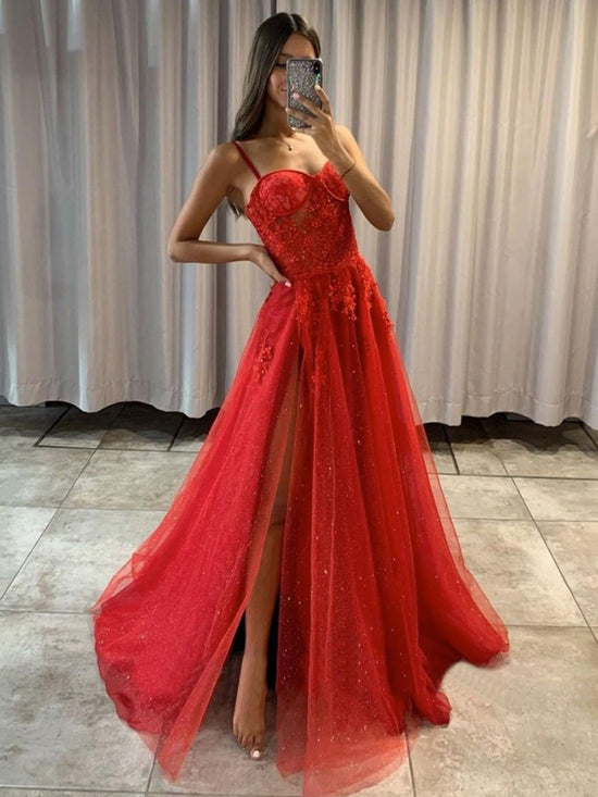 Long A Line Sweetheart Tulle Lace Prom Dress with Slit Red Formal Evening Gowns-BIZTUNNEL
