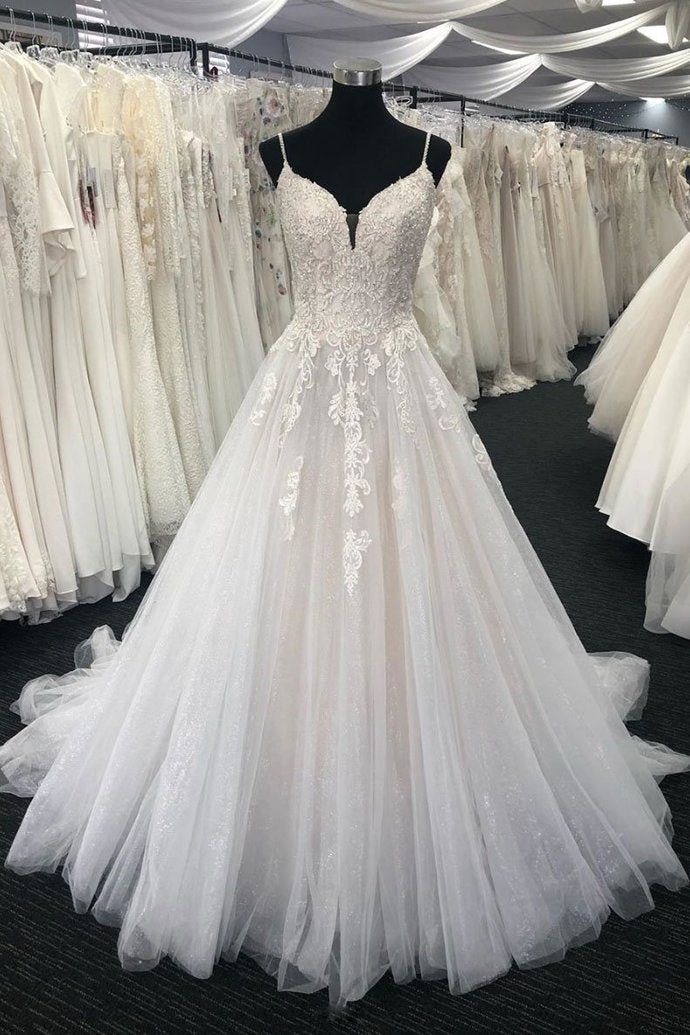Long A-line Sweetheart Tulle Lace Spaghetti Straps Wedding Dress-BIZTUNNEL