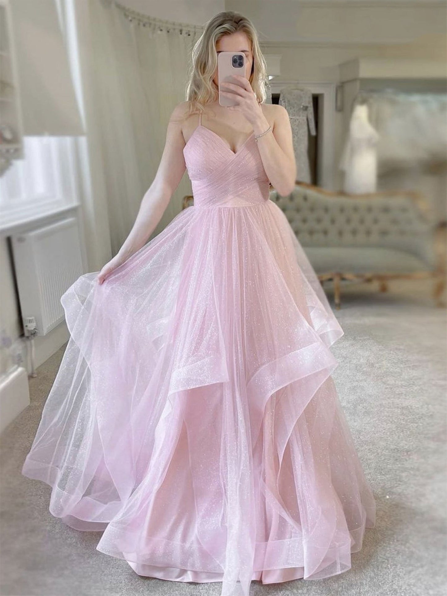 Long A-line Sweetheart Tulle Prom Dress Pink Formal Evening Gowns-BIZTUNNEL