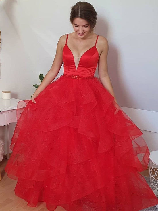 Long A-line Sweetheart Tulle Prom Dress Red Formal Evening Gowns-BIZTUNNEL