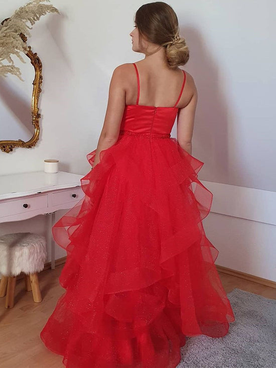 Long A-line Sweetheart Tulle Prom Dress Red Formal Evening Gowns-BIZTUNNEL