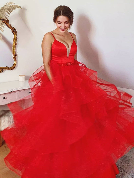 Charger l&amp;#39;image dans la galerie, Long A-line Sweetheart Tulle Prom Dress Red Formal Evening Gowns-BIZTUNNEL
