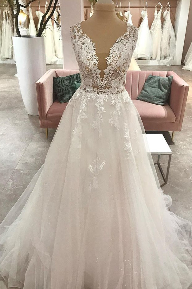 Long A-Line Sweetheart Tulle Wedding Dress With Appliques Lace-BIZTUNNEL
