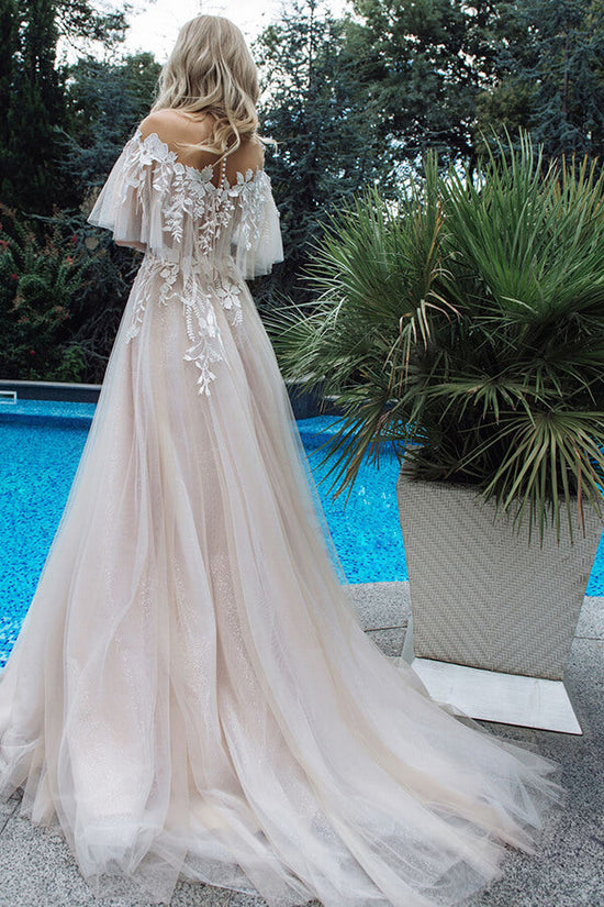 Carregar imagem no visualizador da galeria, Long A-line Tulle Appliques Lace Off-the-shoulder Wedding Dress-BIZTUNNEL
