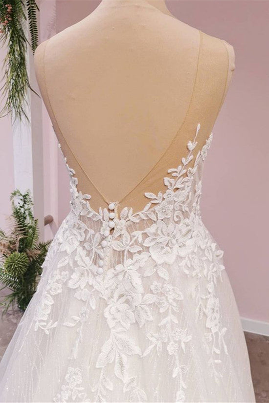Long A-Line Tulle Backless Appliques Lace Sweetheart Wedding Dress-BIZTUNNEL