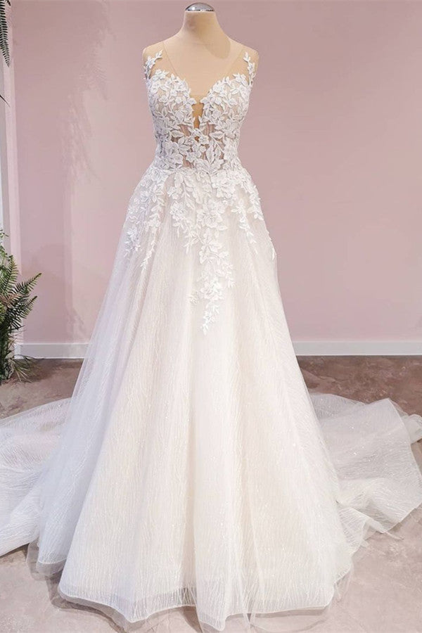 Long A-Line Tulle Backless Appliques Lace Sweetheart Wedding Dress-BIZTUNNEL