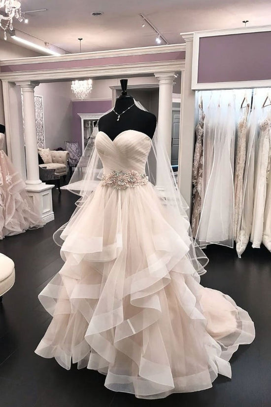 Long A-line Tulle Beaded Waistline Sweetheart Wedding Dress-BIZTUNNEL
