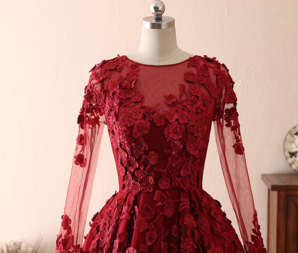 Long A-line Tulle Jewel 3D Floral Appliques Lace Prom Dress-BIZTUNNEL