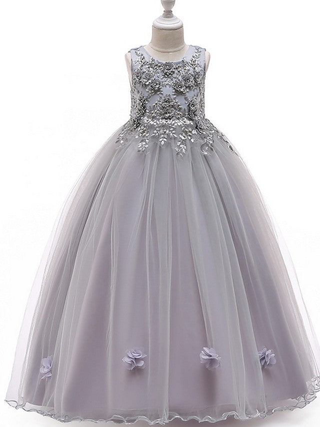 Long A-Line Tulle Jewel Neck Pageant Flower Girl Dresses With Bow-BIZTUNNEL