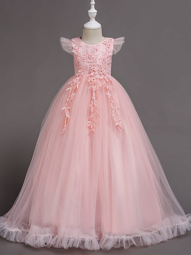 Long A-Line Tulle Jewel Neck Wedding Party Pageant Flower Girl Dresses with Sleeves-BIZTUNNEL