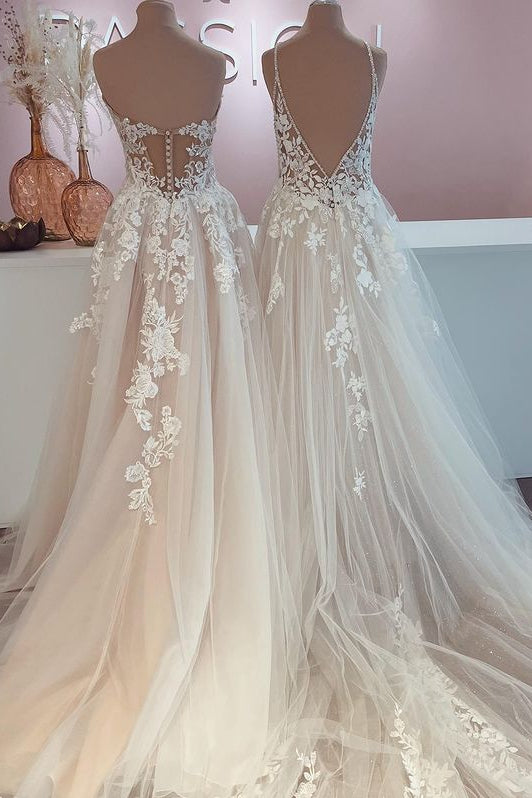 Carregar imagem no visualizador da galeria, Long A-Line Tulle Lace Appliques Backless Wedding Dress-BIZTUNNEL
