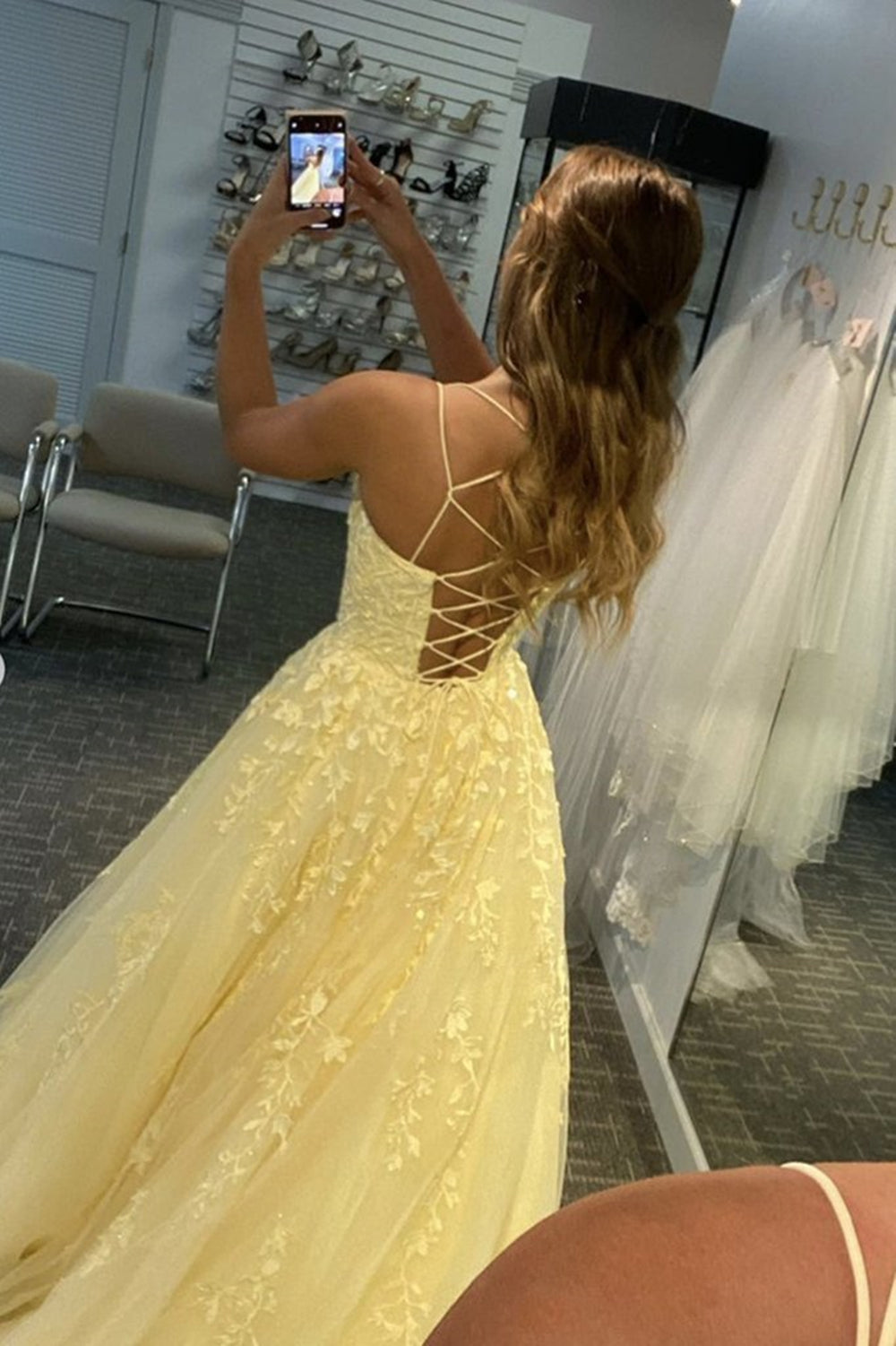 Long A-line Tulle Lace Backless Formal Graduation Prom Dresses-BIZTUNNEL