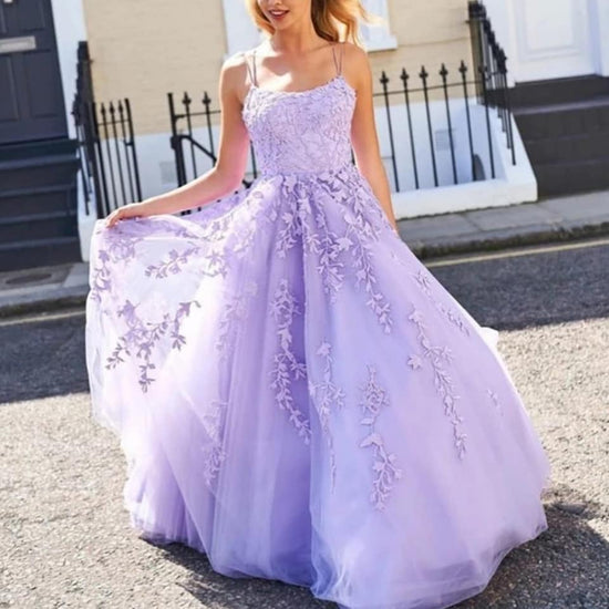 Long A-line Tulle Lace Backless Lace-up Prom Dress-BIZTUNNEL