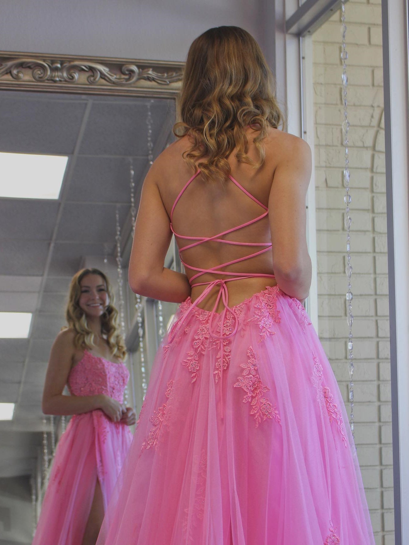 Long A-line Tulle Lace Backless Prom Dress with Slit Pink Formal Evening Gowns-BIZTUNNEL
