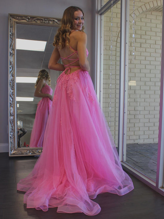 Long A-line Tulle Lace Backless Prom Dress with Slit Pink Formal Evening Gowns-BIZTUNNEL