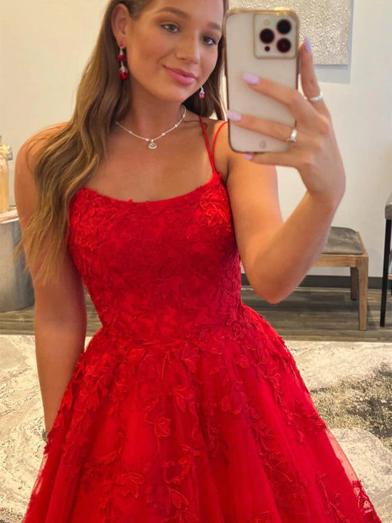 Long A-line Tulle Lace Backless Prom Dresses Red Formal Evening Dresses-BIZTUNNEL