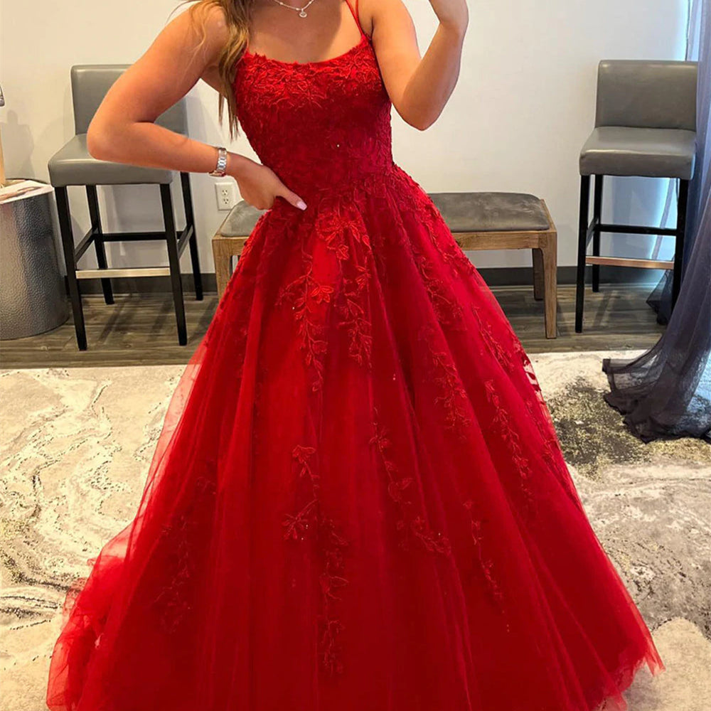 Long A-line Tulle Lace Backless Prom Dresses Red Formal Evening Dresses Long A-line Tulle Lace Backless Prom Dresses Red Formal Evening Dresses