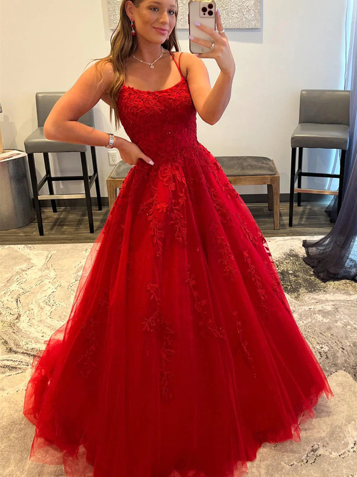 Long A-line Tulle Lace Backless Prom Dresses Red Formal Evening Dresses-BIZTUNNEL