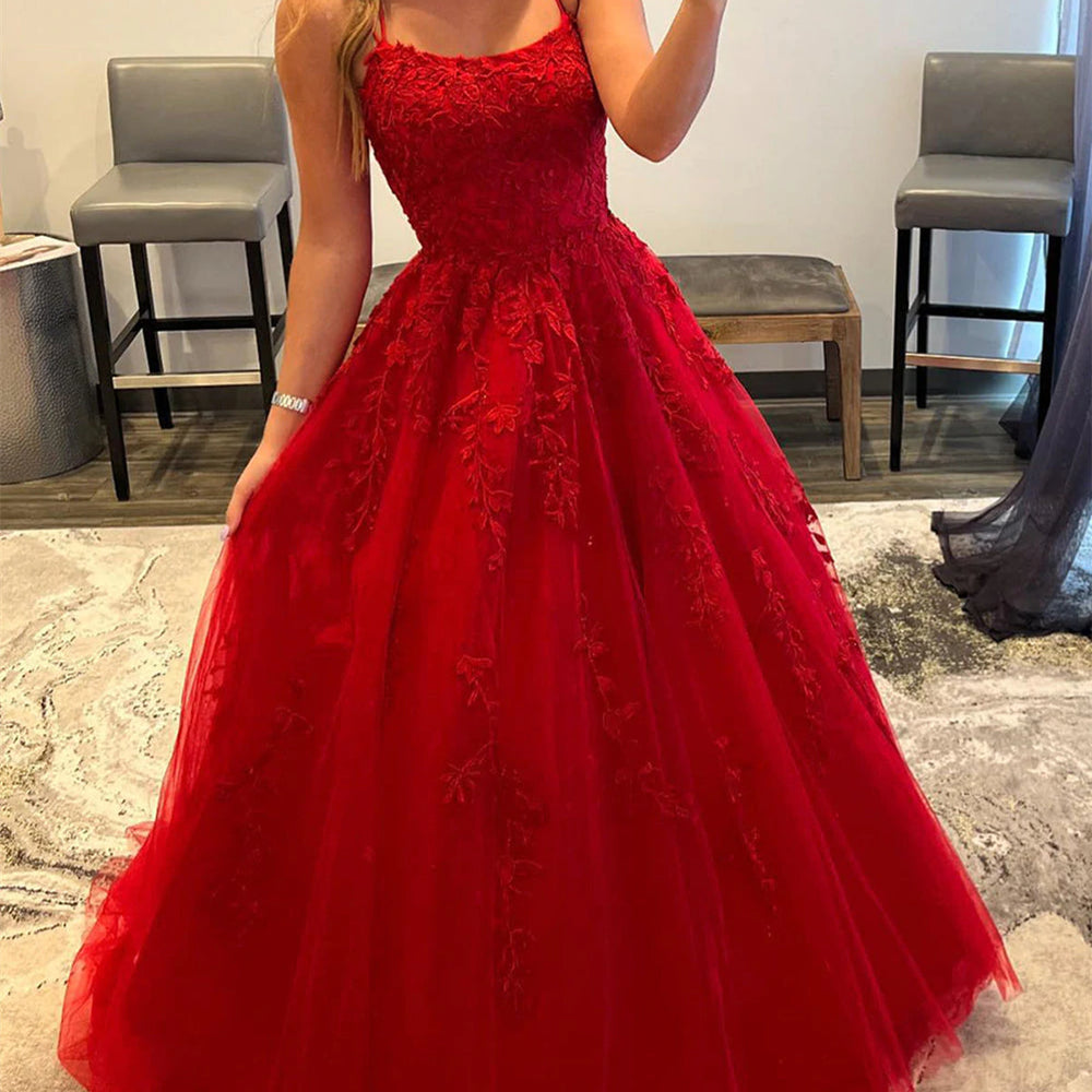 Long A-Line Tulle Lace Backless Prom Dresses Red Formal Evening Dresses Long A-Line Tulle Lace Backless Prom Dresses Red Formal Evening Dresses