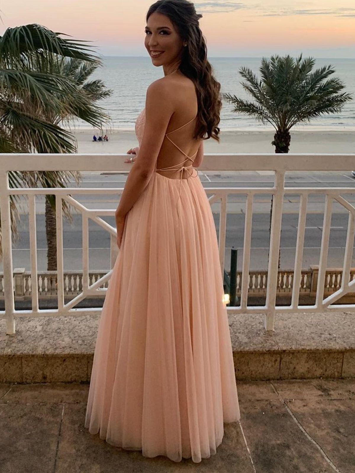 Long A-line Tulle Lace Open Back Formal Prom Dresses-BIZTUNNEL