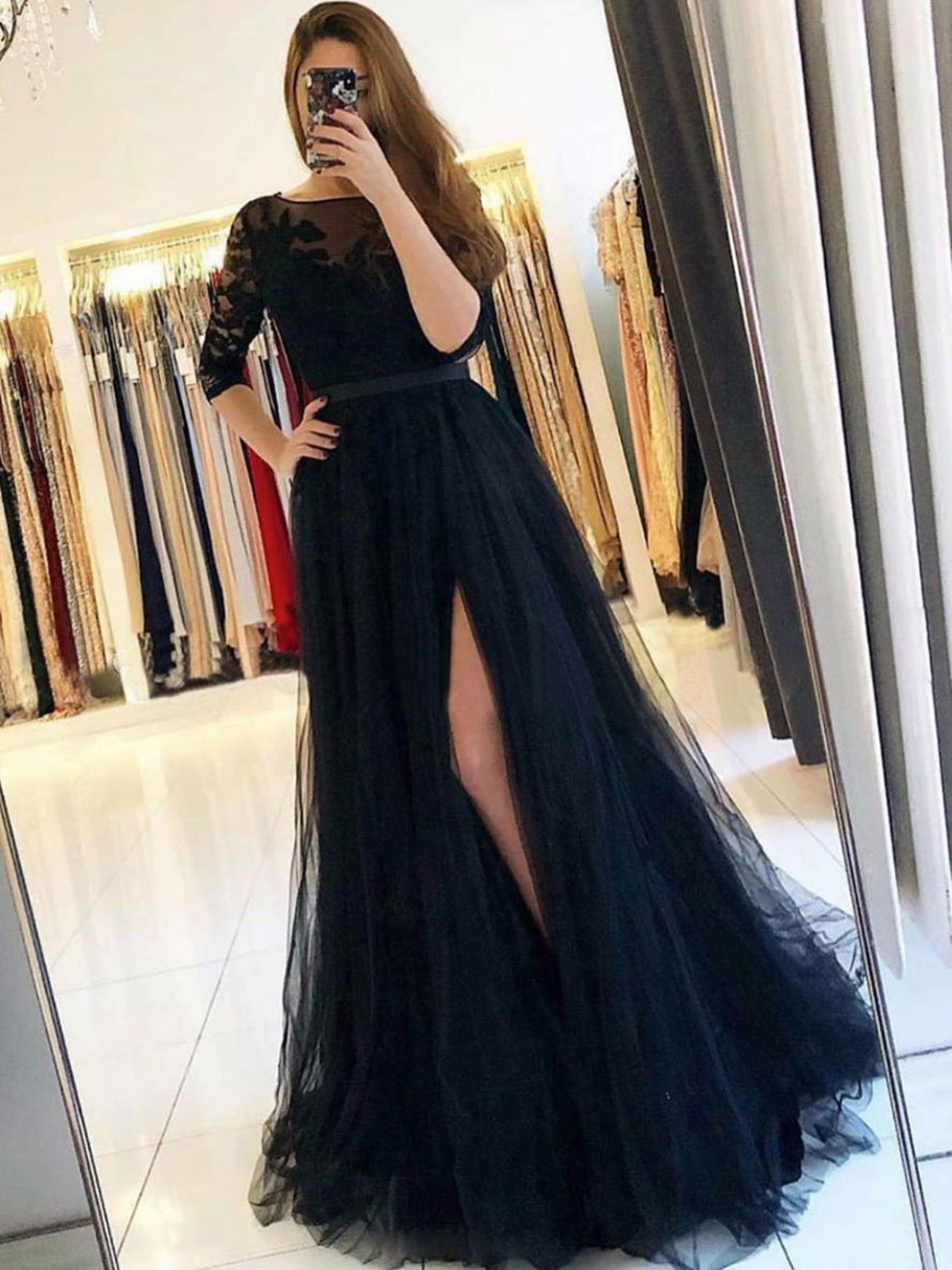 Long A-line Tulle Lace Open Back Front Slit Formal Prom Dresses with Half Sleeves-BIZTUNNEL