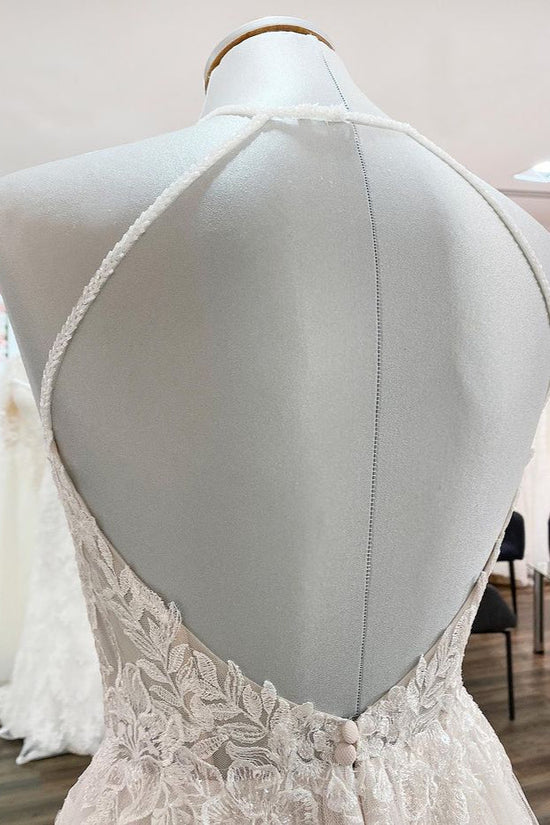 Charger l&amp;#39;image dans la galerie, Long A-line Tulle Open Back Halter Sleeveless Lace Wedding Dresses-BIZTUNNEL
