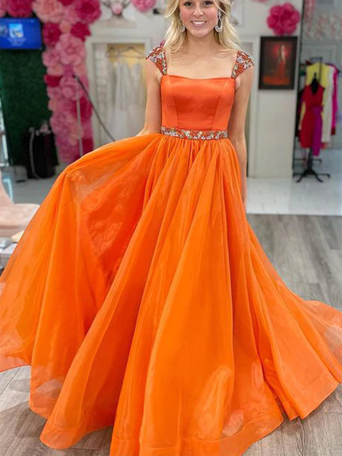 Long A-line Tulle Prom Dress with Cap Sleeves Orange Formal Graduation Evening Dresses-BIZTUNNEL