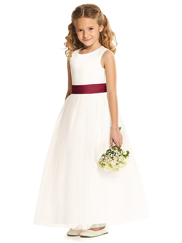 Long A-Line Tulle Sleeveless Jewel Neck Wedding Party Flower Girl Dresses-BIZTUNNEL