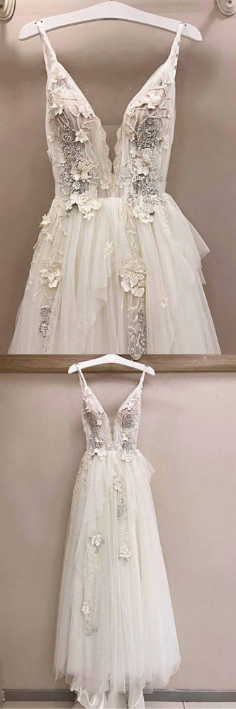 
                  
                    Long A-line Tulle V Neck Lace Applique Wedding Dress-BIZTUNNEL
                  
                