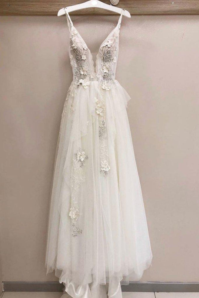 Long A-line Tulle V Neck Lace Applique Wedding Dress-BIZTUNNEL