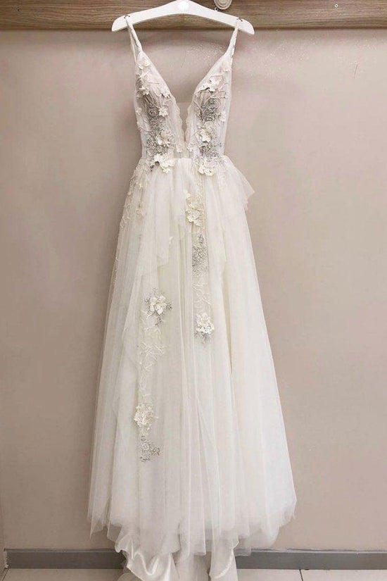Long A-line Tulle V Neck Lace Applique Wedding Dress-BIZTUNNEL