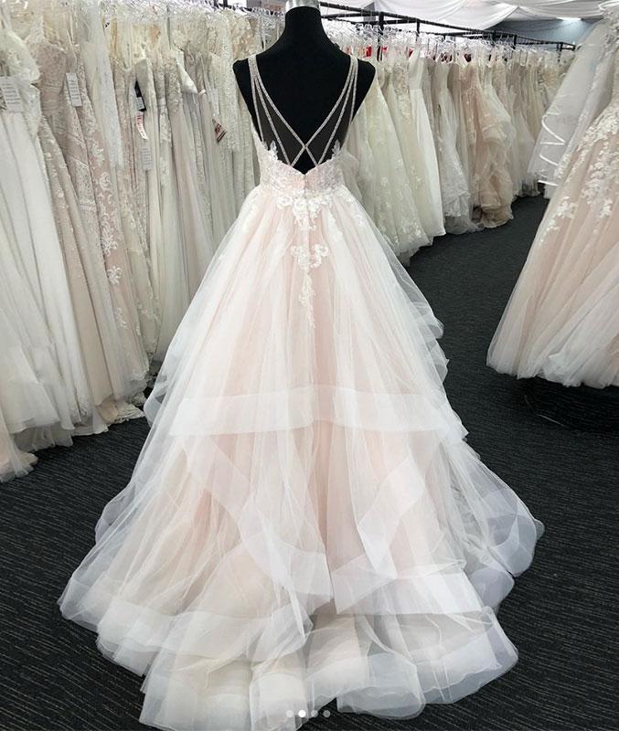 Long A-line Tulle V Neck Open Back Layered Wedding Dress-BIZTUNNEL