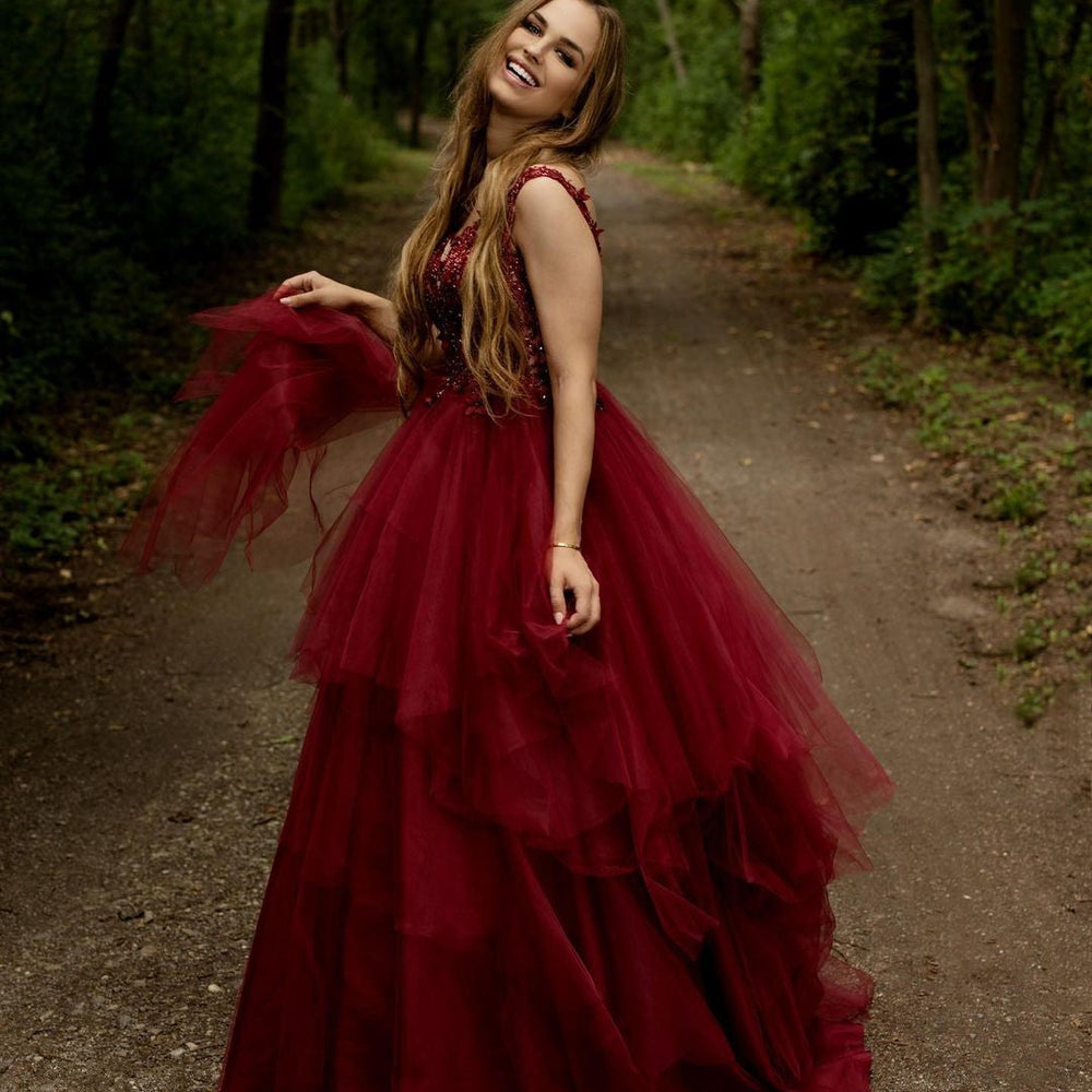 Long A-line V-neck Appliques Lace Backless Tulle Prom Dress Long A-line V-neck Appliques Lace Backless Tulle Prom Dress