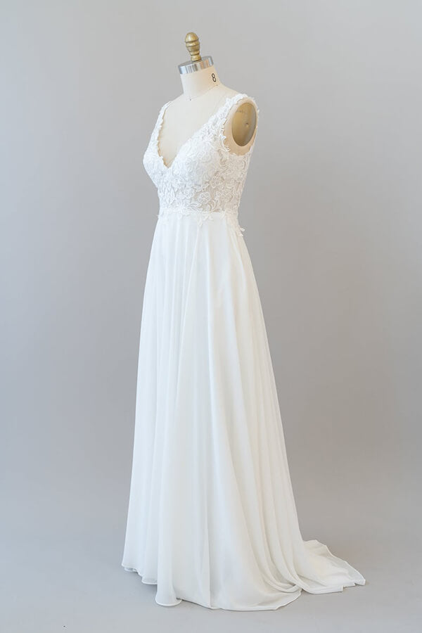 Long A-line V-neck Appliques Lace Chiffon Wedding Dress-BIZTUNNEL