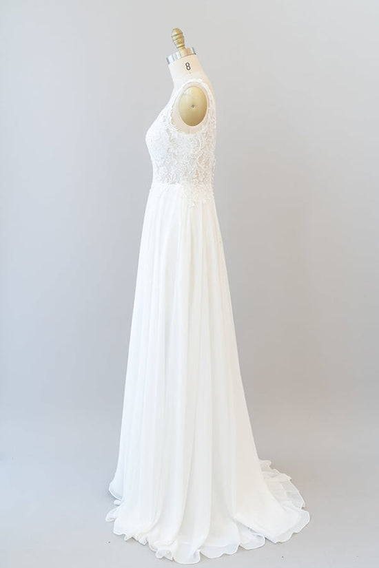 Carregar imagem no visualizador da galeria, Long A-line V-neck Appliques Lace Chiffon Wedding Dress-BIZTUNNEL
