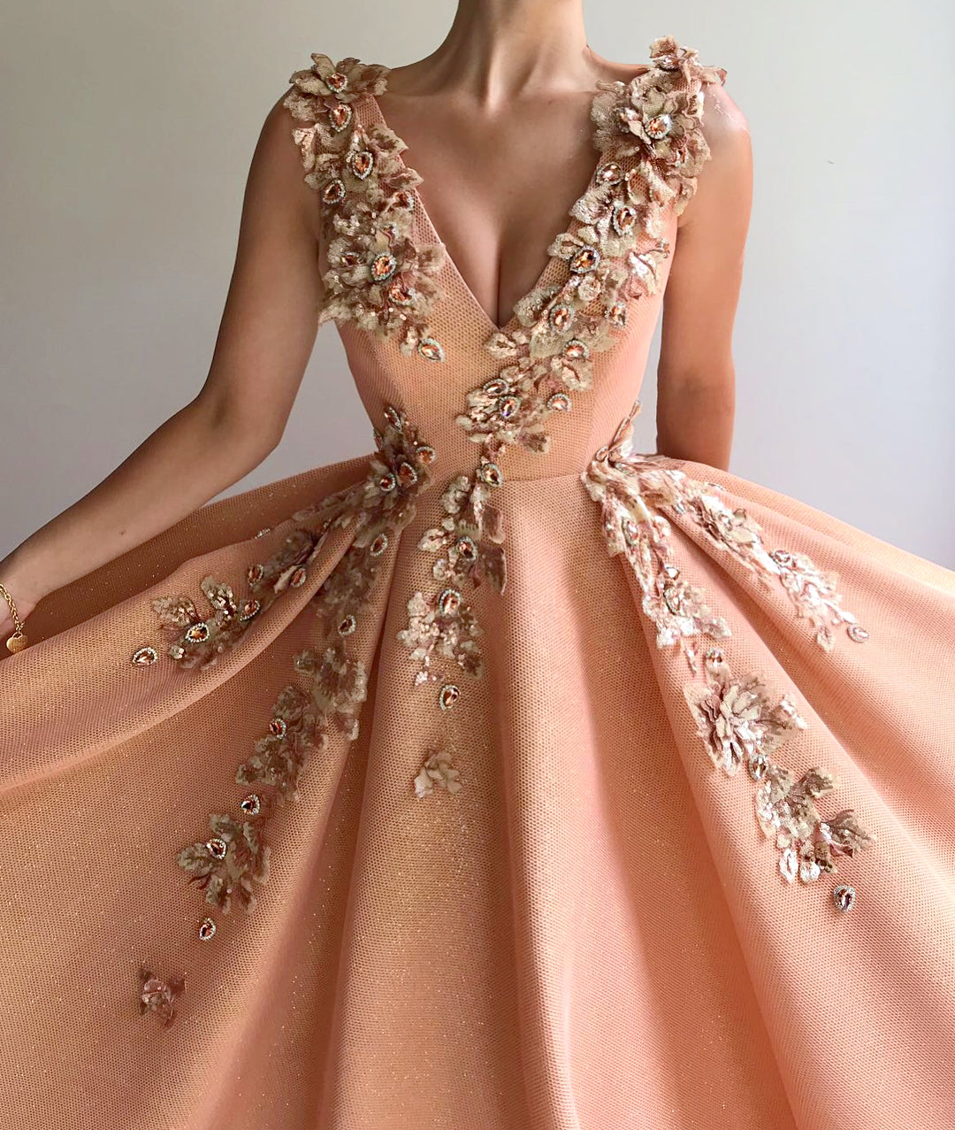 Long A-line V-neck Appliques Lace Satin Prom Dress-BIZTUNNEL