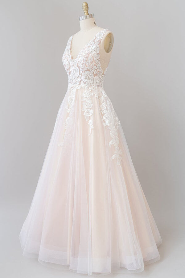 Long V-Neck Applique Sleeveless Wedding Dresses, Cheap Backless Tulle Wedding Dresses, KX845 main image 1