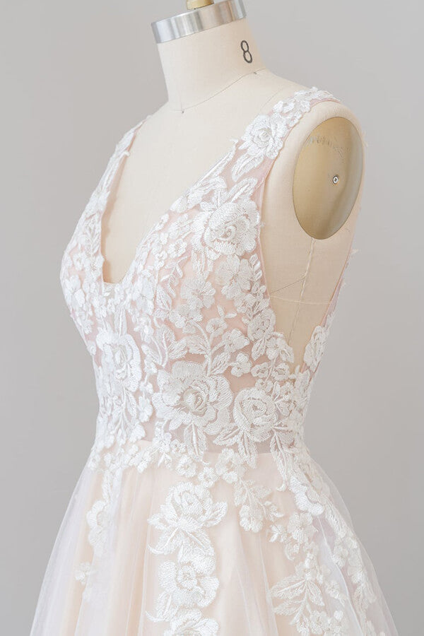 Carregar imagem no visualizador da galeria, Long A-line V-neck Appliques Lace Tulle Backless Wedding Dress-BIZTUNNEL
