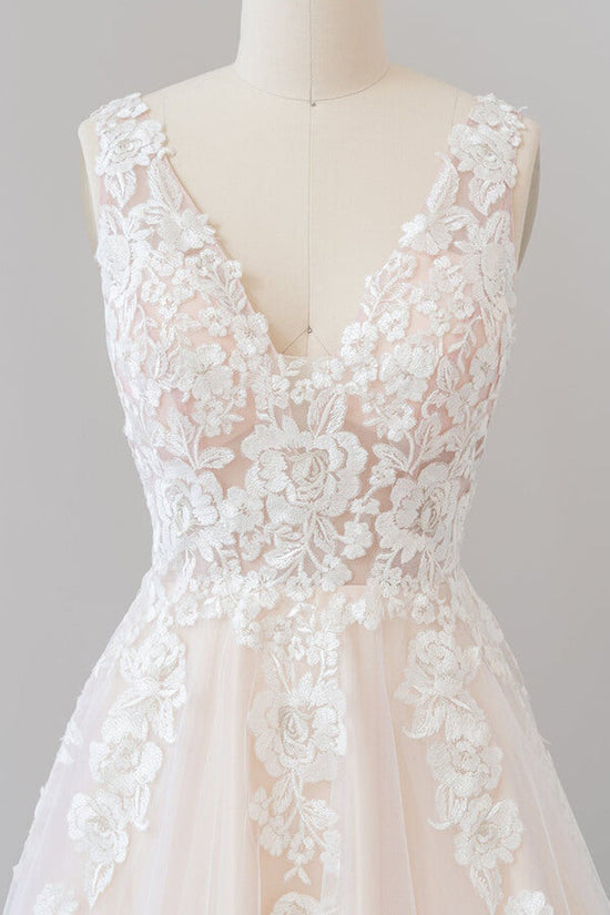 Carregar imagem no visualizador da galeria, Long A-line V-neck Appliques Lace Tulle Backless Wedding Dress-BIZTUNNEL
