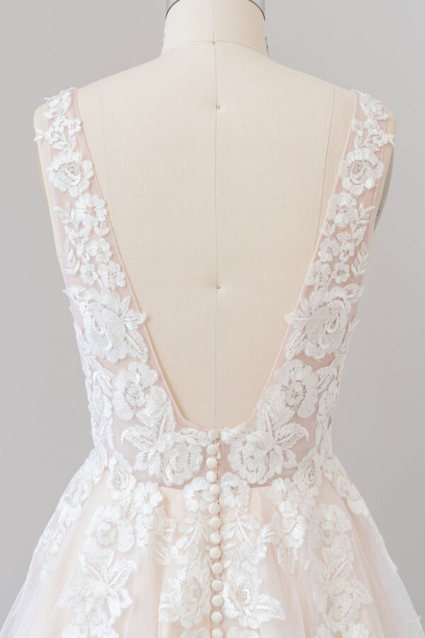 A-Line/Princess V-neck Tulle  Sleeveless Appliques Lace Floor-Length Wedding Dresses main image 1
