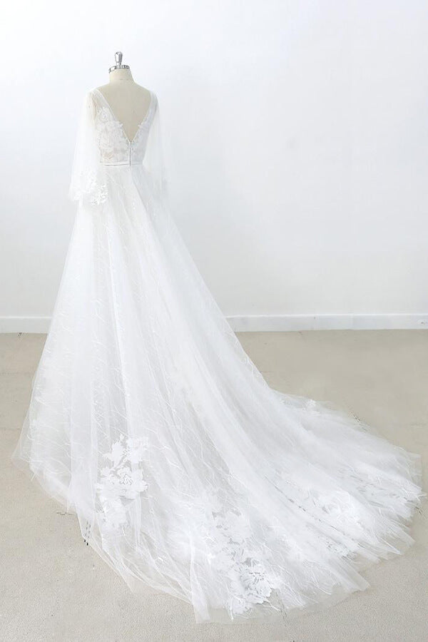 A Line V Neck Appliques Tulle Wedding Dress LBQW0106 main image 1