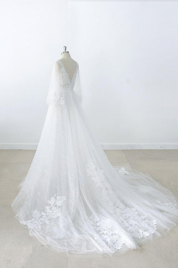Long A-line V-neck Appliques Lace Tulle Backless Wedding Dress with Sleeves Long A-line V-neck Appliques Lace Tulle Backless Wedding Dress with Sleeves