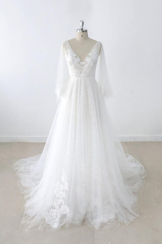 Beautiful White Long A-line V-neck Tulle Backless Wedding Dress