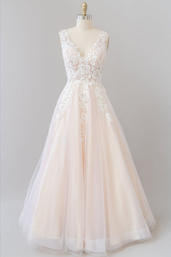 Long A-line V-neck Backless Appliques Lace Tulle Wedding Dress