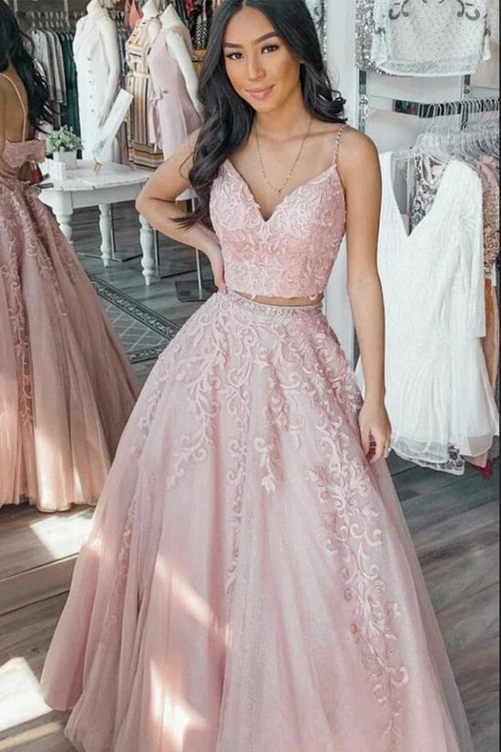 Load image into Gallery viewer, Long A-Line V-neck Appliques Lace Tulle Two Piece Prom Dress-BIZTUNNEL
